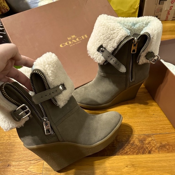 Coach Fur Wedge Boots - Picture 1 of 13